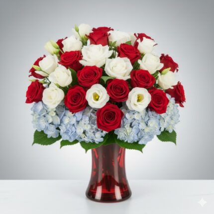 A patriotic "Americana" floral arrangement featuring red roses, white lisianthus, and light blue hydrangeas in a translucent red glass vase, set against a neutral gray gradient background.