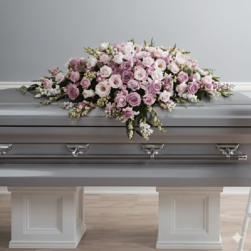 A silver coffin adorned with a bouquet of pink and white flowers.