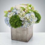 A luxurious floral arrangement featuring light blue hydrangeas, white roses, green cymbidium orchids, and fluffy green trick dianthus (moss-like flowers) in a rustic weathered wood square planter.