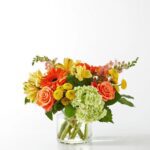A vibrant autumnal floral arrangement in a clear glass cylinder vase featuring orange gerbera daisies, peach roses, yellow alstroemeria, lime green hydrangea, and yellow button poms, set against a clean white background.