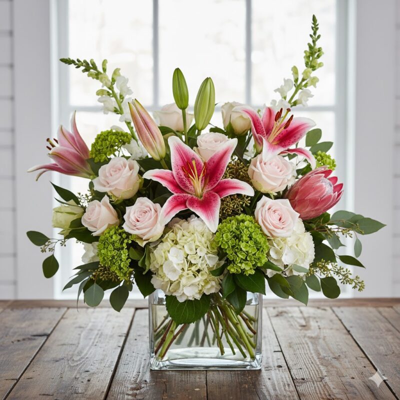 Elegant bouquet with pink and white flowers in a clear glass vase.