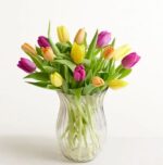 A vibrant bouquet of assorted tulips in purple, yellow, and orange colors, arranged with green leaves in a clear, fluted glass vase against a plain white background.