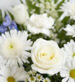 A close-up photograph of a floral arrangement featuring white roses, white daisies with yellow centers, white carnations, and small blue delphiniums accented by green foliage and tiny white filler flowers.