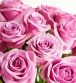 A close-up, high-angle shot of a dense bouquet of vibrant purple and lavender-colored roses in full bloom with soft petals.