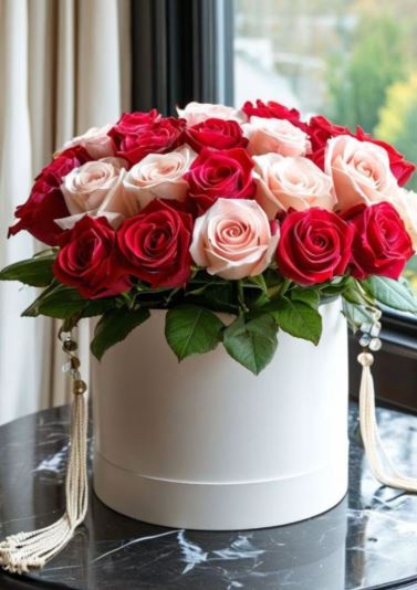 A luxurious white cylindrical gift box filled with a dense arrangement of fresh red and pale pink roses, decorated with elegant cream tassels.