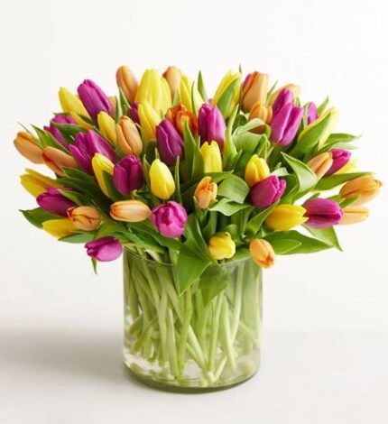 A large, vibrant bouquet of assorted spring tulips in shades of purple, yellow, and orange, arranged in a clear cylindrical glass vase against a white background.