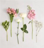 Seven stems of fresh flowers and greenery arranged on a white background, including pink alstroemeria, pink stock, white rose, white carnation, baby's breath, and green ruscus.