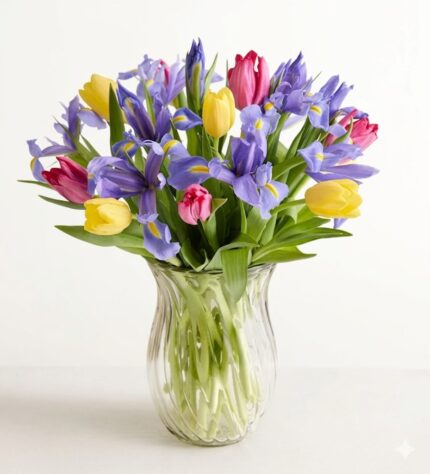 A vibrant spring bouquet featuring yellow and pink tulips mixed with purple irises, arranged in a clear ribbed glass vase on a white surface.