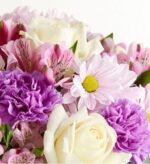 A close-up of a fresh mixed bouquet featuring purple carnations, soft pink daisies with yellow centers, pink alstroemeria with maroon speckles, and creamy white roses, arranged with green leaves.