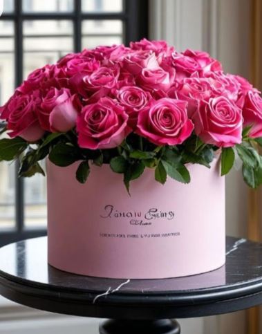 A luxurious arrangement of vibrant fuchsia roses tightly packed in a round, light pink hat box, placed on a black marble pedestal table.