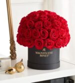 A dome-shaped arrangement of vibrant red roses in a black round box with gold "MAGNIFICENT ROSES" lettering, displayed on a white table next to a gold-framed mirror and decorative gold ornaments.
