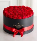 A round black gift box filled with dozens of tightly arranged fresh red roses, wrapped with a red satin ribbon and bow. Gold text on the box reads "Magnificent Roses" with a monogram logo above it.