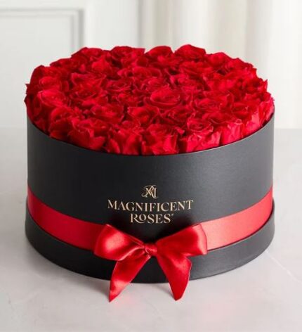 A round black gift box filled with dozens of tightly arranged fresh red roses, wrapped with a red satin ribbon and bow. Gold text on the box reads "Magnificent Roses" with a monogram logo above it.