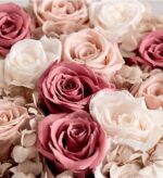 Close-up of a luxury preserved rose bouquet featuring large roses in dusty rose, mauve, and ivory tones, accented with soft blush hydrangeas. The petals have a velvety, delicate texture.