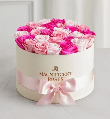 Round cream hat box with gold "Magnificent Roses" logo and pale pink satin ribbon, filled with densely arranged pink and fuchsia roses Luxury round flower box tied with a light pink bow, containing a medley of light pink, blush, and hot pink roses Top-down view of a premium rose box arrangement featuring 30+ fresh pink-toned roses in a cream container