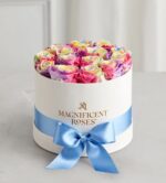 Round white hat box tied with light blue satin ribbon, filled with rainbow-tie-dye roses in shades of pink, purple, yellow, blue, and green. Logo on box reads "Magnificent Roses".