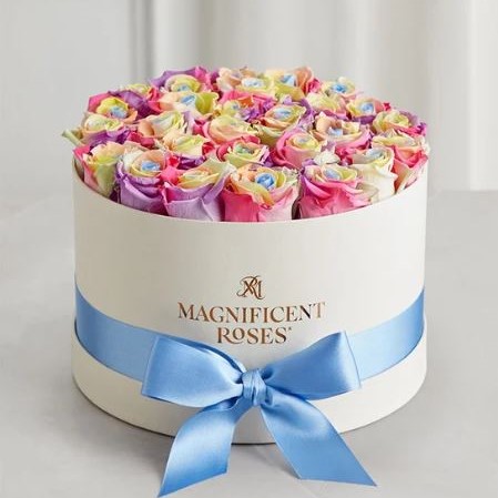 A round white gift box with a light blue satin ribbon bow, filled with pastel rainbow roses in shades of pink, yellow, purple, and blue, arranged tightly in a circular pattern. The box is embossed with "Magnificent Roses" in gold lettering.