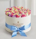 A round white gift box with a light blue satin ribbon bow, filled with pastel rainbow roses in shades of pink, yellow, purple, and blue, arranged tightly in a circular pattern. The box is embossed with "Magnificent Roses" in gold lettering.