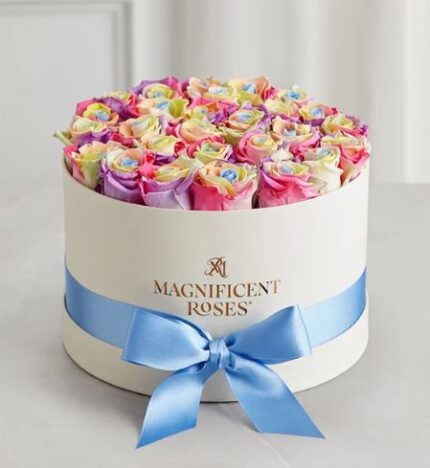 A round white gift box with a light blue satin ribbon bow, filled with pastel rainbow roses in shades of pink, yellow, purple, and blue, arranged tightly in a circular pattern. The box is embossed with "Magnificent Roses" in gold lettering.