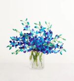 Blue and teal dendrobium orchids arranged in a clear textured glass cube vase on a white background