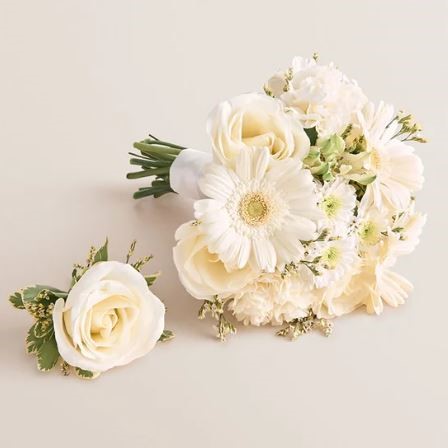 White rose prom bouquet and matching boutonniere by Reema Florist Nashville TN