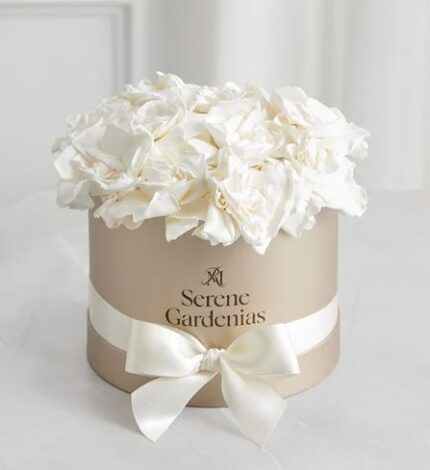 Luxurious round beige gift box filled with white gardenias, wrapped with a wide satin cream ribbon and bow. The box is printed with “Serene Gardenias” and a small logo. Set on a soft white background.
