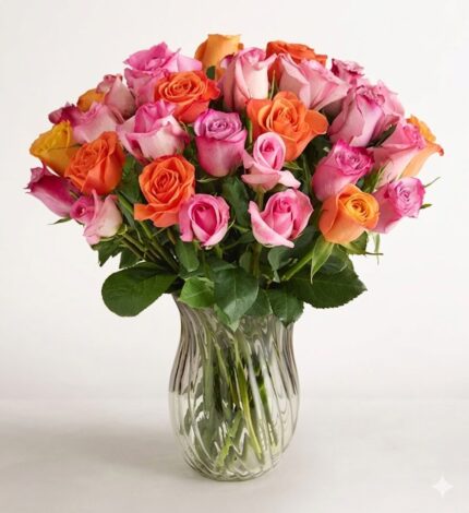 A large, vibrant bouquet of mixed pink, orange, and peach roses arranged in a clear, wavy glass vase against a white background.