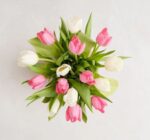 A top-down view of a fresh bouquet of pink and white tulips with green leaves, arranged in a circular pattern on a light-colored marble surface.