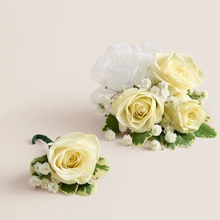 White spray rose corsage and boutonniere set for prom Nashville TN